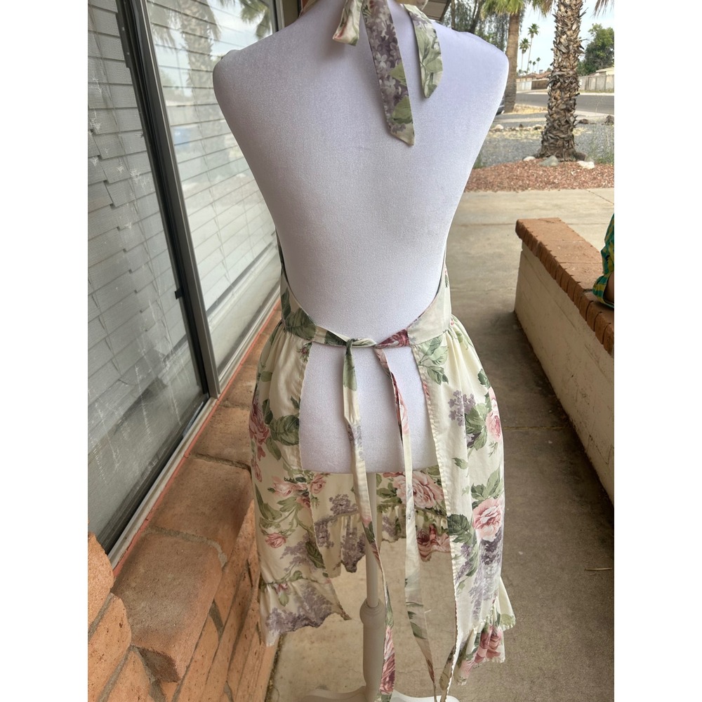 Vintage Floral Halter Apron Dress Pink Rose Ruffle Hem Cottagecore Prairie Small - Picture 2 of 8